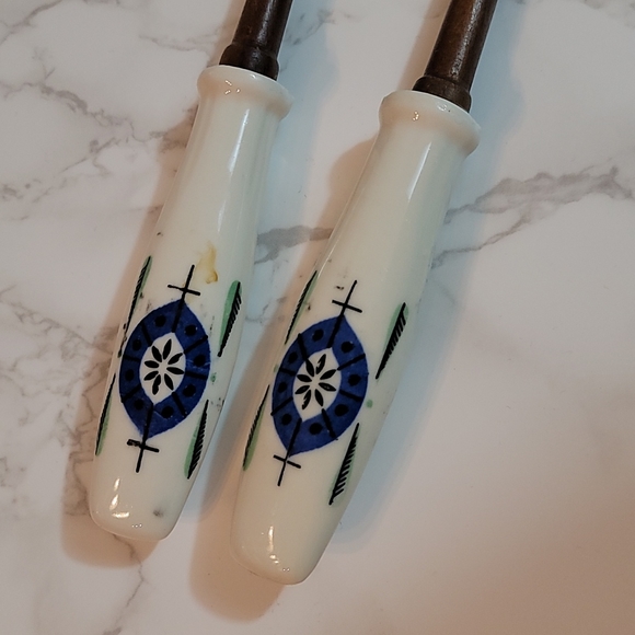 Mid Century Modern Teak Salad Servers Wood Fork and Spoon with ceramic handles - Picture 3 of 4